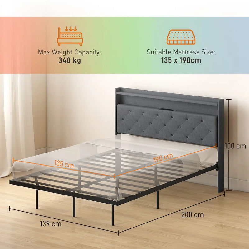 HOMCOM Floating Bed Frame, Upholstered 4ft6 Double Size Bed, Platform Bed with RGB LED Lights and Charging Station, Grey