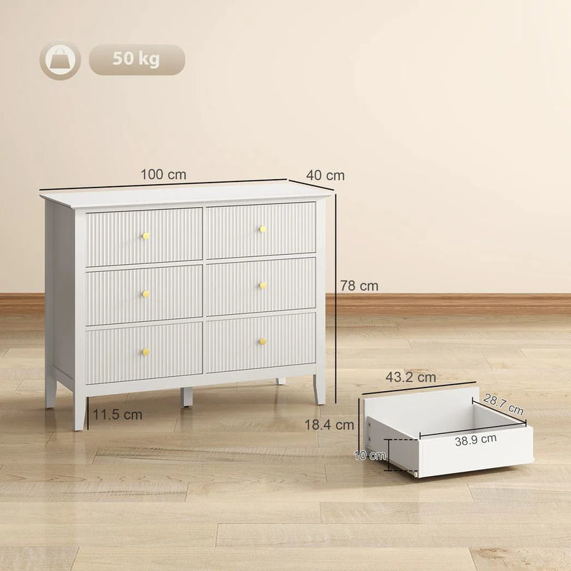 HOMCOM Fluted Dresser, 6 Drawer Chest of Drawers for Bedroom, Living Room, Hallway, Closet, White