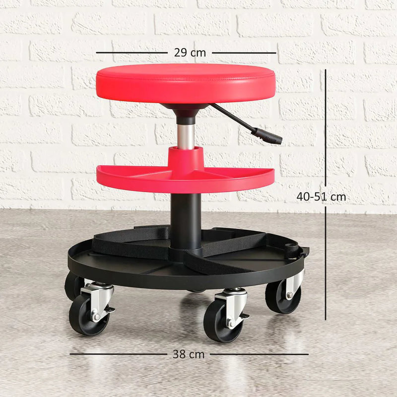 HOMCOM Rolling Mechanic Stool, 135kg Capacity Workshop Stool, 360° Swivel Roller Padded Creeper Seat with Wheels, Tool Trays Storage for Garage, Shop, Auto Repair, Red