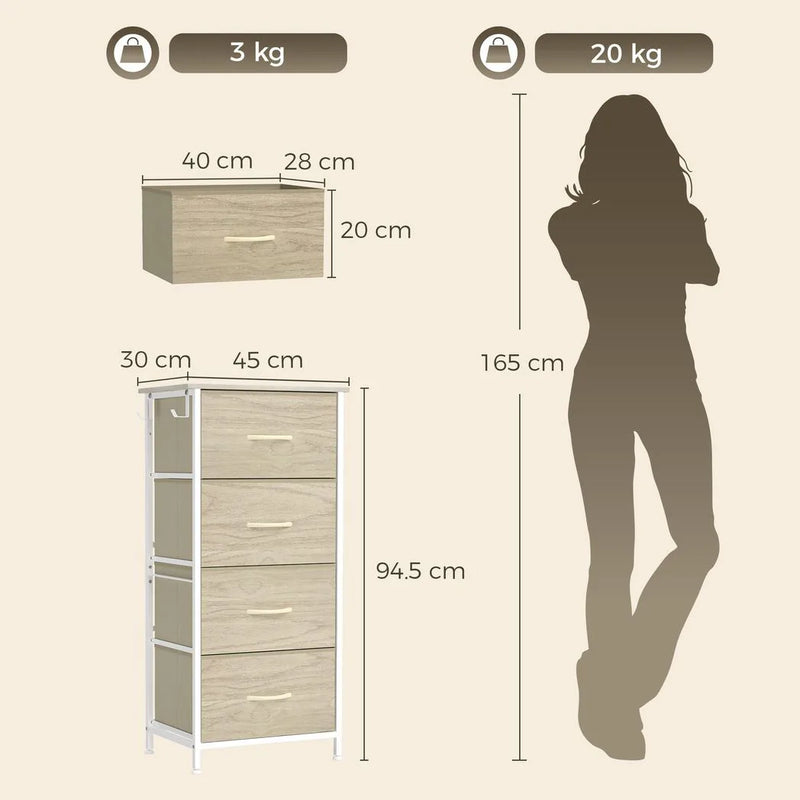 HOMCOM Chest of Drawers, Dresser with 4 Fabric Drawers, Tall Storage Unit with 4 Pockets and 2 Hooks, Steel Frame, Natural Wood