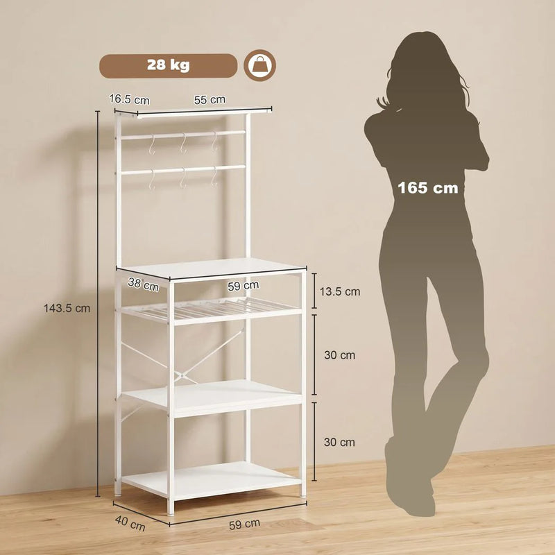 HOMCOM Freestanding Shelving Unit, Industrial Storage Shelf with 6 Hooks and Wine Rack for Living Room, Home Office, White
