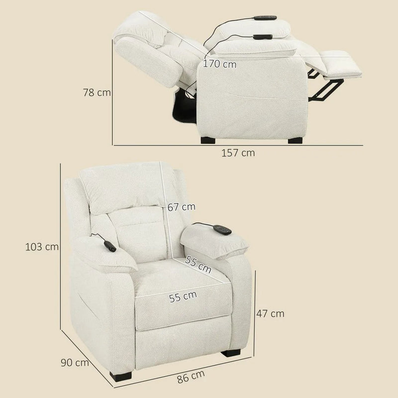 HOMCOM Power Recliner Armchair with Massage and Heat, Electric Reclining Chair with Wide Spring Seat, Cream White