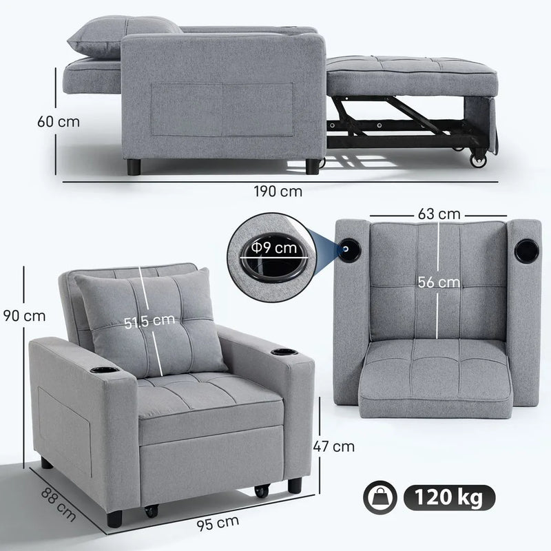 HOMCOM 3-in-1 Single Sofa Bed, Convertible Sleeper Chair Bed - Light Grey