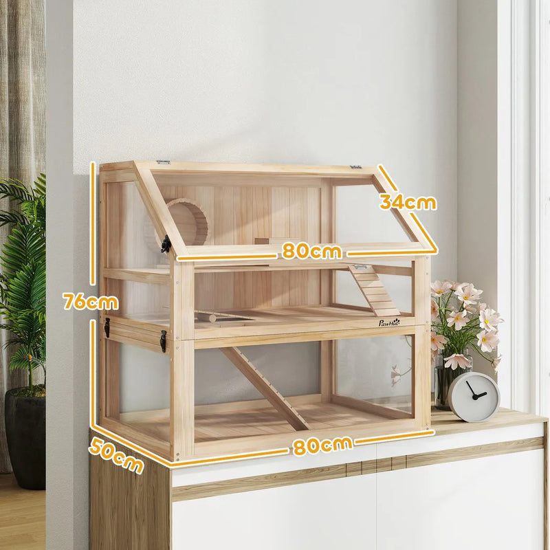 PawHut Wooden Hamster Cage with Detachable 31cm Deep Bottom, Hut, Seesaw, Exercise Wheel, Ramp, 80 x 50 x 76cm, Natural