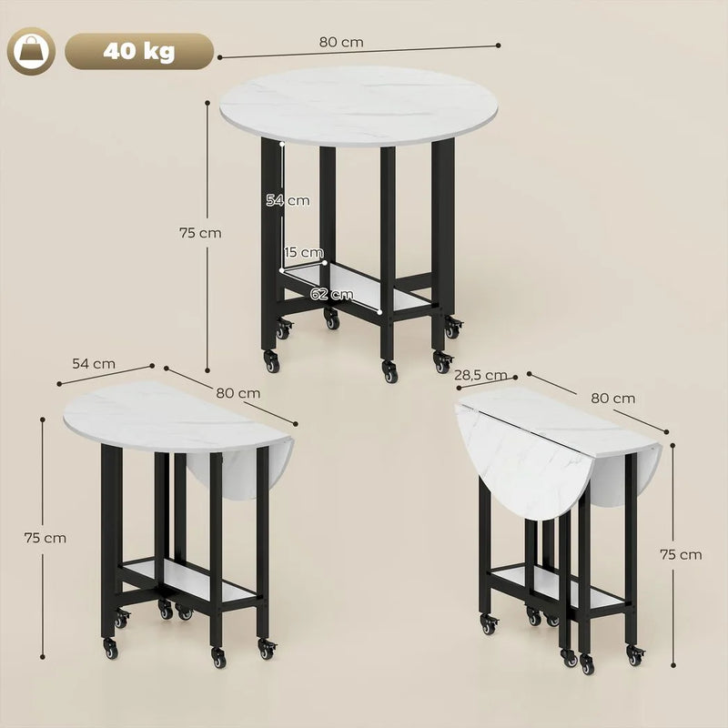 HOMCOM Folding Dining Table, Drop Leaf Table with Open Shelf, Rolling Kitchen Table for Dining Room, Small Spaces, White Marble