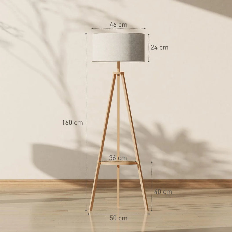HOMCOM Bedside Light, Tripod Floor Lamp with Storage Shelf and Linen Shade for Living Room, 160cm, Natural Wood Colour