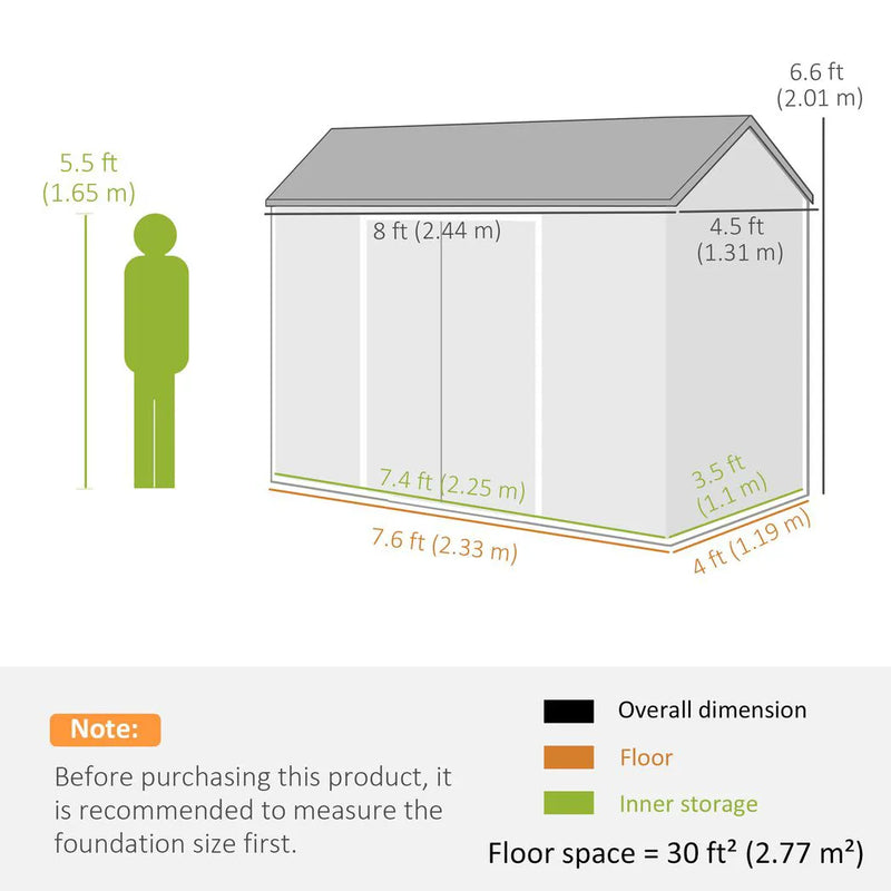 Outsunny 8 x 4 ft Plastic Garden Shed, Wood-Effect Outdoor Storage Shed with Floor, Windows, Lockable Doors and Vents, Light Grey