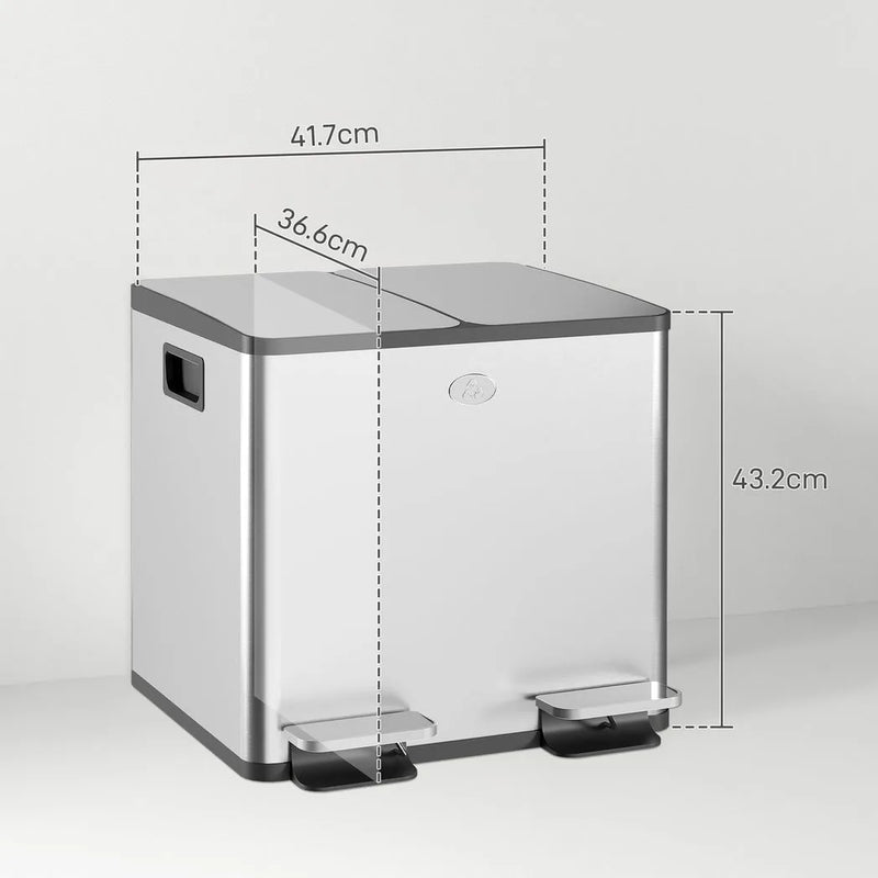 HOMCOM 30L Dual Compartment Stainless Steel Bin, with Deodoriser Holders - Silver Tone