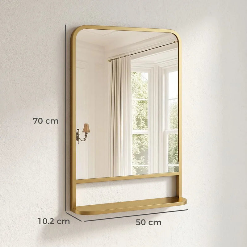 HOMCOM Modern Rectangular Wall Mirror with Storage Shelf, 70 x 50 cm, Gold Tone