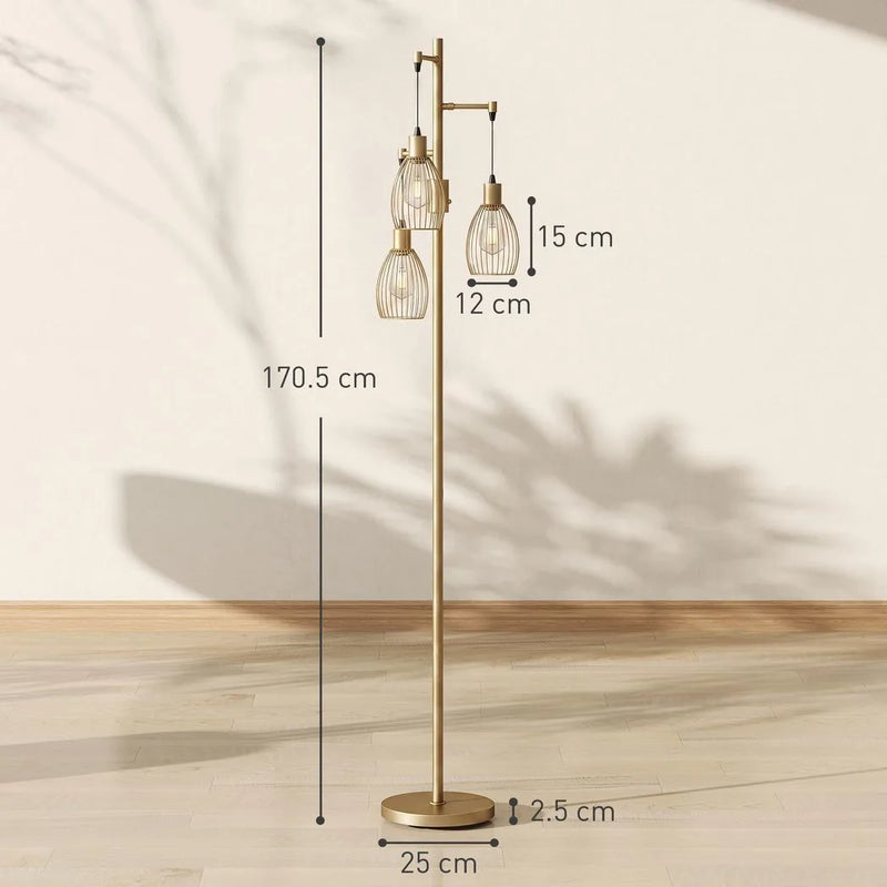 HOMCOM 170.5cm Industrial Dimmable Standing Lamp, 3-Light Floor Lamp with Steel Wire Cage Lampshades, Gold Tone