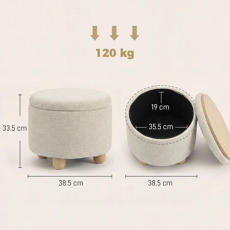 HOMCOM Storage Sitting Bench with Lid, Round Storage Ottoman with Rubberwood Legs, Beige