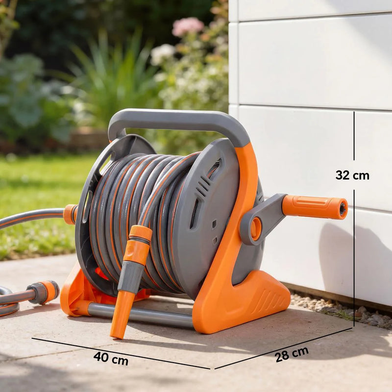Outsunny Portable Garden Hose Reel, 20 m Wall Mounted Hose Reel with 2 Patterns Spray Nozzle and Crank Handle, Orange