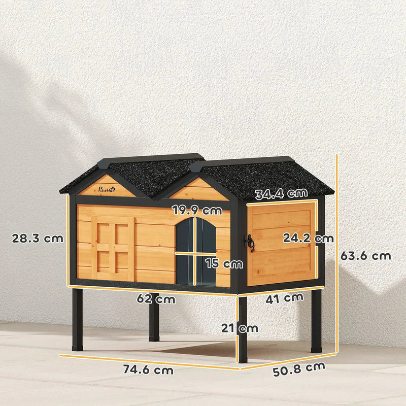 PawHut Wooden Cat House Outdoor Indoor with Weatherproof Asphalt Roof, Side Cleaning Door, PVC Curtain