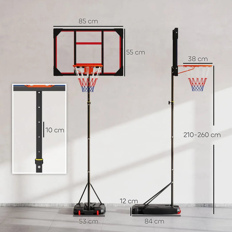 AIYAPLAY Basketball Hoop Outdoor Indoor, 210-260cm Height Adjustable Basketball Hoop with Wheels, Larger Base, for 6 Years, Red