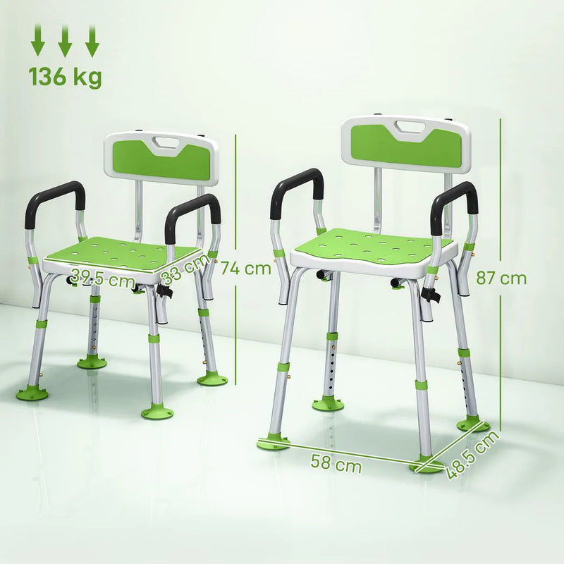 HOMCOM EVA Padded Shower Chair for the Elderly and Disabled, Height Adjustable Shower Stool with Back and Arms, 4 Suction Foot Pads, Green