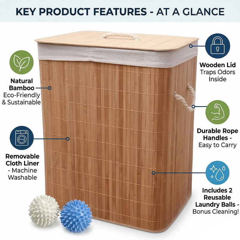 Bamboo Laundry Basket Folding Bin Bag Hamper With Lid Washing Clothes Storage