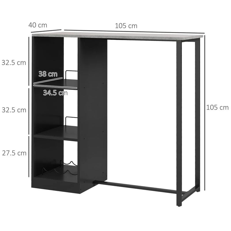 HOMCOM Breakfast Bar Table, Bar Table with 3-Tier Storage Shelf and Wine Rack, 105W x 40D x 105H cm, Black