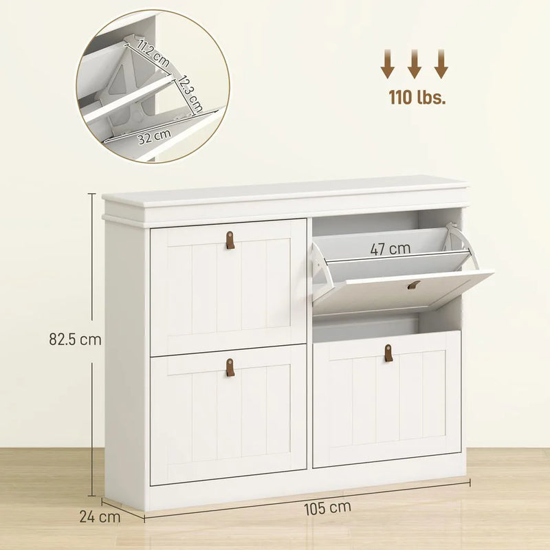 HOMCOM Slim Shoe Cabinet, Shoe Cabinet with 4 Drop-Down Drawers, 105W x 24D x 82.5H cm,  White