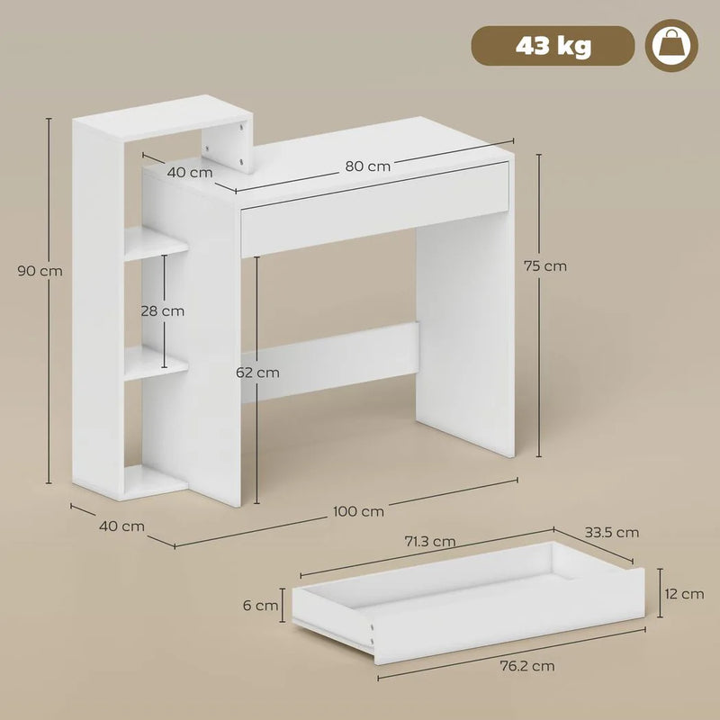 HOMCOM Desk with Storage, Computer Desk with 3 Open Shelves and Drawer, Workstation, Computer Table, White
