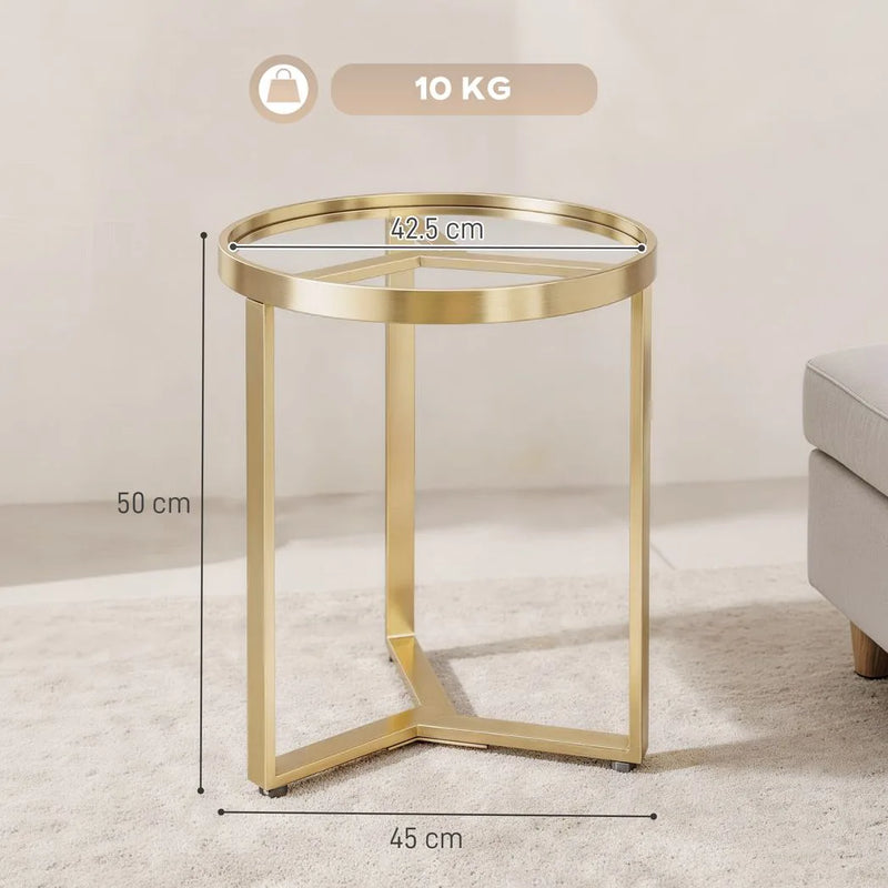 HOMCOM Round Side Table with Tempered Glass Top and Geometric Metal Frame for Small Space, Gold Tone