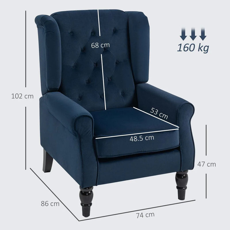 HOMCOM Wingback Accent Chair, Retro Upholstered Button Tufted Occasional Chair for Living Room and Bedroom, Dark Blue