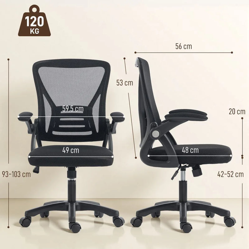 HOMCOM Office Chair, Mesh Desk Chair with Flip-up Armrests, Lumbar Support, Adjustable Height, Black