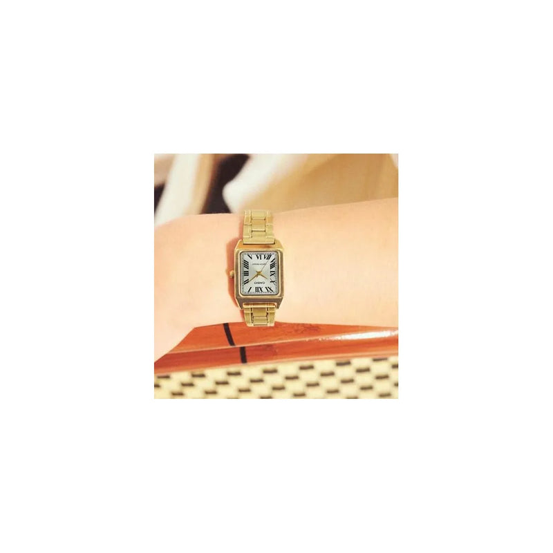 Casio Ladies Basic Water resistant Roman Number Golden Analogue Rectangle Dial Golden Stainless Steel Band Dress Watch