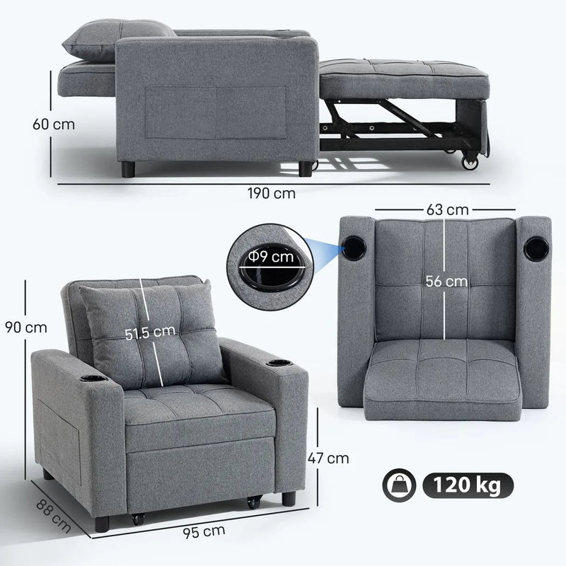 HOMCOM 3-in-1 Single Sofa Bed, Convertible Sleeper Chair Bed - Dark Grey