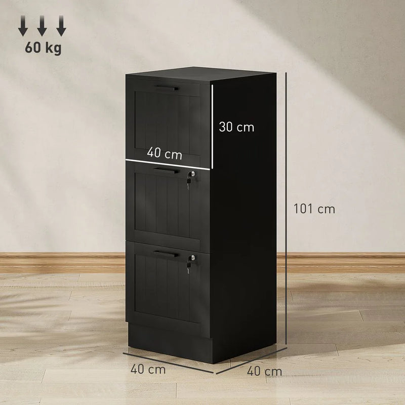 HOMCOM 3 Drawer Filing Cabinet with Lock, Office Storage Cabinet with Adjustable Hanging Bars for A4 Letter Size Files, Black