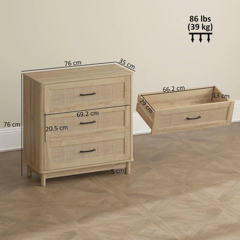 HOMCOM 76 cm Wide Drawer Chest of Drawers with 3 Drawer - Oak