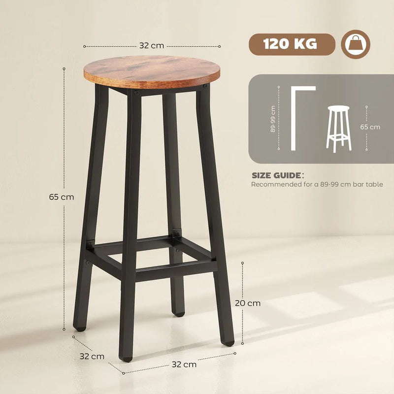 HOMCOM Bar Stools Set of 2 Breakfast Bar Stools with Footrest, Industrial Round, 32 x 32 x 65 cm, Rustic Brown