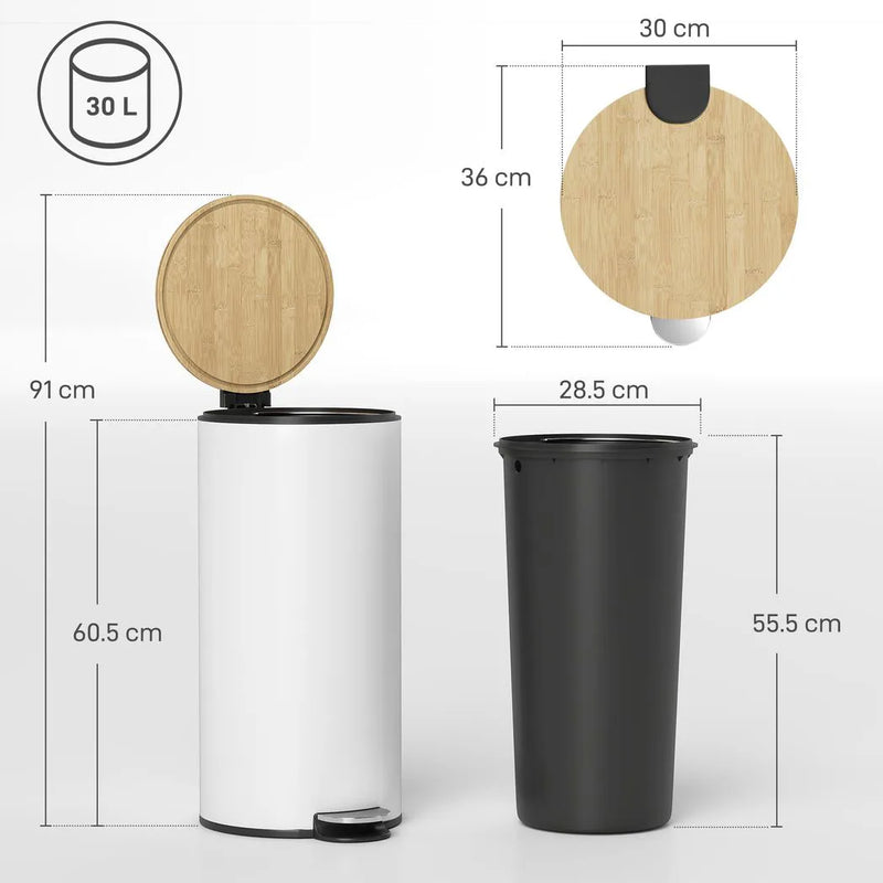 HOMCOM Kitchen Bin, 30 Litre Pedal Rubbish Bin with Removable Bucket, White and Natural