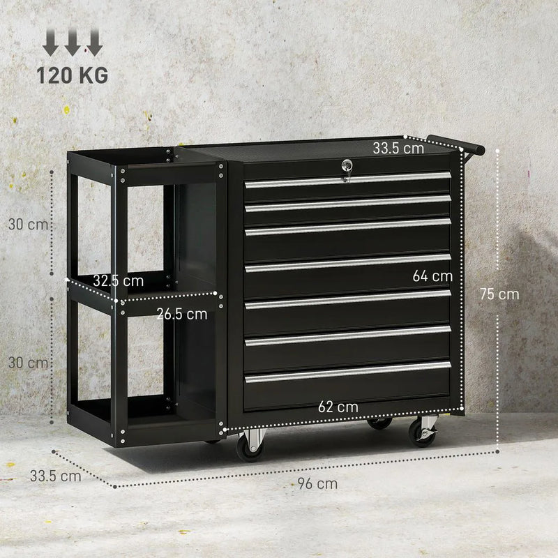 HOMCOM Lockable Steel Tool Chest on Wheels, 7 Drawer Tool Box with Handle for Workshop, Garage, Black