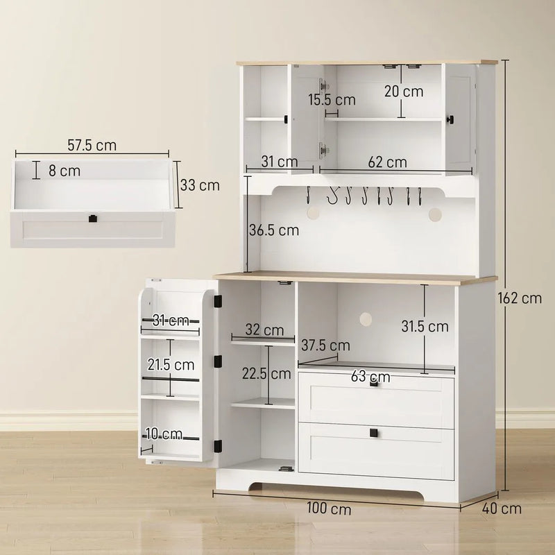 HOMCOM Kitchen Cupboard, Freestanding Kitchen Cabinet with 2 Cabinets, 2 Drawers, Open and Adjustable Shelves, White