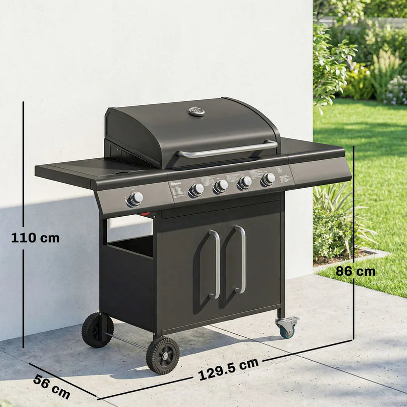 Outsunny 4 Burner Gas BBQ Grill with Storage Cabinet, 15.2 kW Gas Barbecue Trolley with Side Table, 4 Wheels, Warming Rack