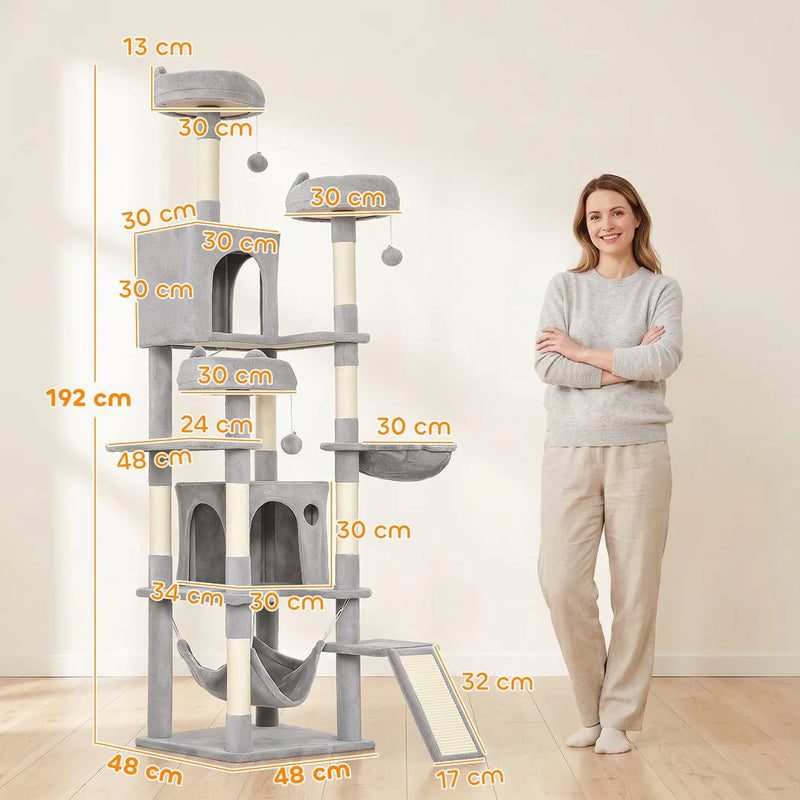 PawHut Cat Tree, 192 cm Large Multi-Level Cat Tower for Indoor Kittens with 8 Scratching Posts, 3 Plush Beds, 2 Hammocks