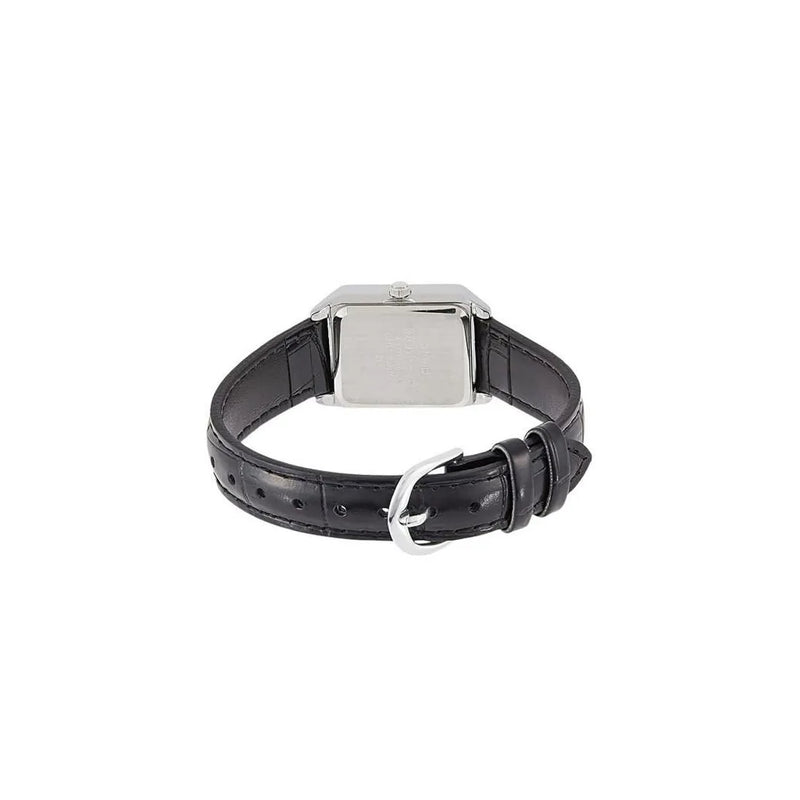 Casio Ladies Basic Water resistant Stainless Steel Rectangle Case Black Dial Black Leather Strap Watch
