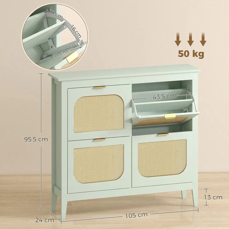 HOMCOM Narrow Shoe Cabinet, Boho Slim Shoe Storage Cabinet with 4 Flip Drawers, Holds 20 Pairs, Light Green