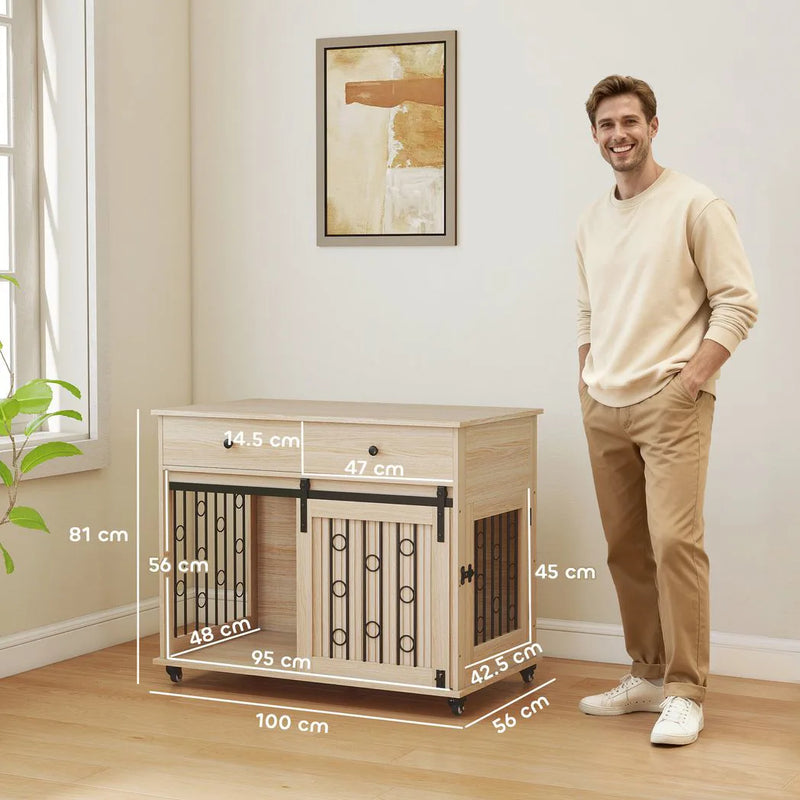 PawHut Dog Crate Furniture on Wheels, Dog Cage with 2 Drawers, Sliding Door, for Medium Large Dogs, Oak Tone
