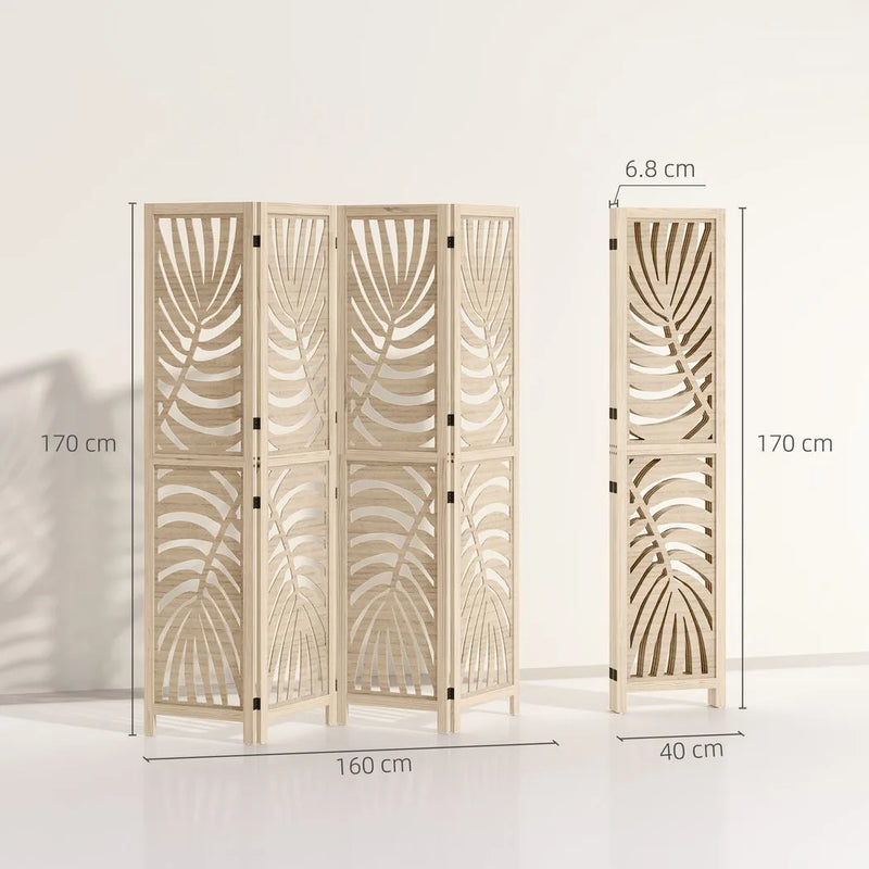 HOMCOM 4 Panel Privacy Screens, Detachable Folding Room Divider with Palm Leaf Design for Home Office, Natural Wood Finish