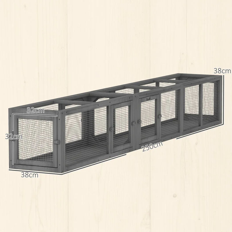 PawHut Cat Tunnel, 250cm Extra Long Wooden Cat Play Tunnel with 8 Doors, L-shape/Rectangle, Outdoor Cat Enclosure, Dark Grey