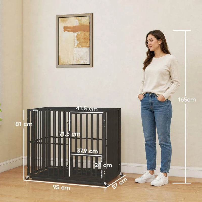 PawHut Heavy Duty Dog Crate, Dog Cage with Wheels for Small Medium Breeds, Metal Pet Kennel with Removable Tray