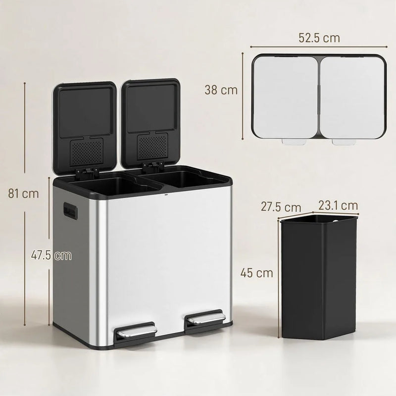 HOMCOM 2 x 20L Double Kitchen Bin, Stainless Steel Pedal Rubbish Bin with Dual Compartments, Soft Close Lids, Silver Tone
