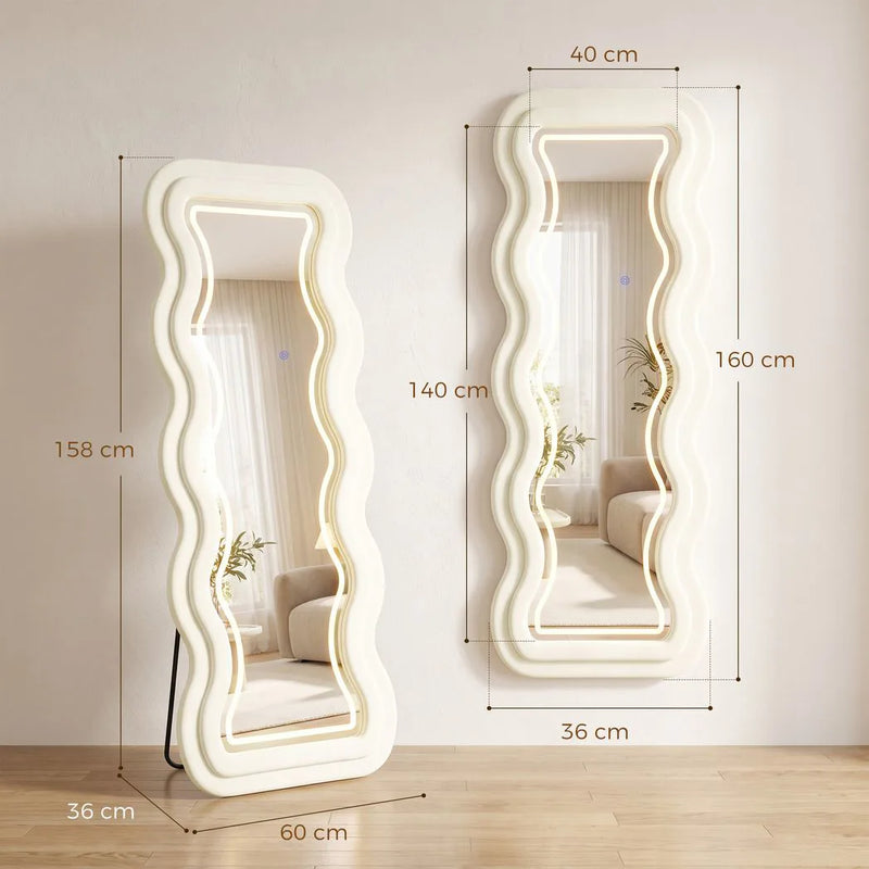 HOMCOM Full Length Mirror, 160 x 60 cm Wavy Full Body Wall Standing Mirror with Velvet Frame and LED Light Strip, Cream White