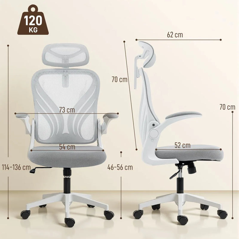 HOMCOM Ergonomic Office Chair with Foldable Backrest, 2D Headrest - Light Grey