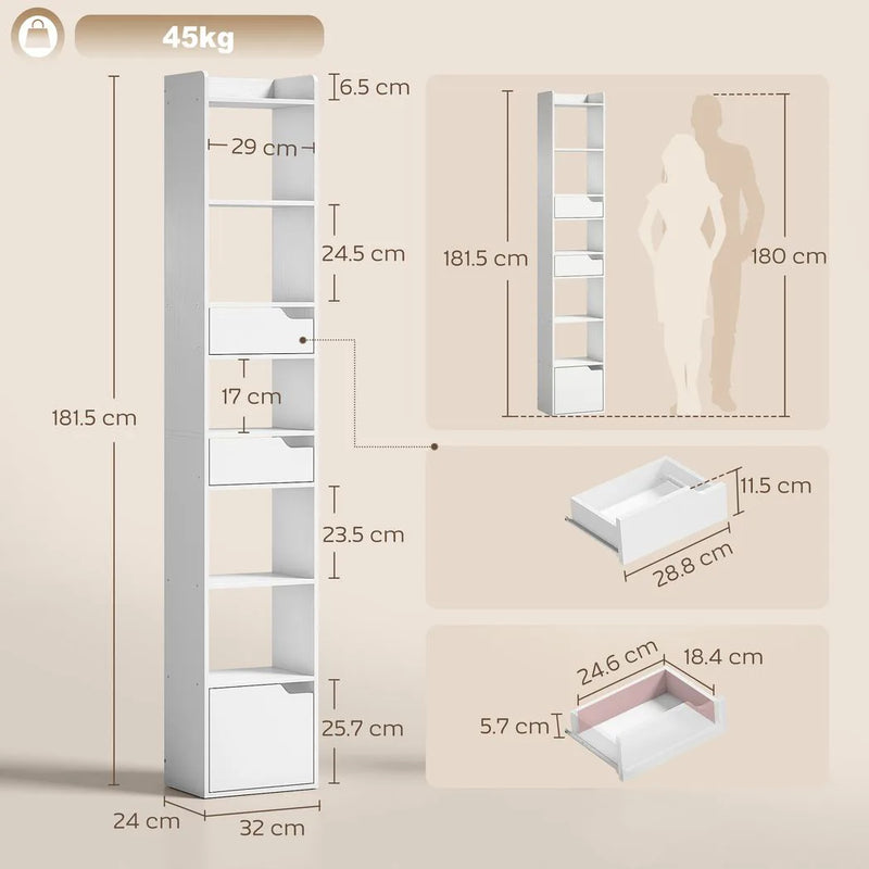 HOMCOM Bookcase Tall Narrow with 5 Tiers and Drawers Freestanding Bookshelf Storage Cabinet for Living Room White Wood Effect