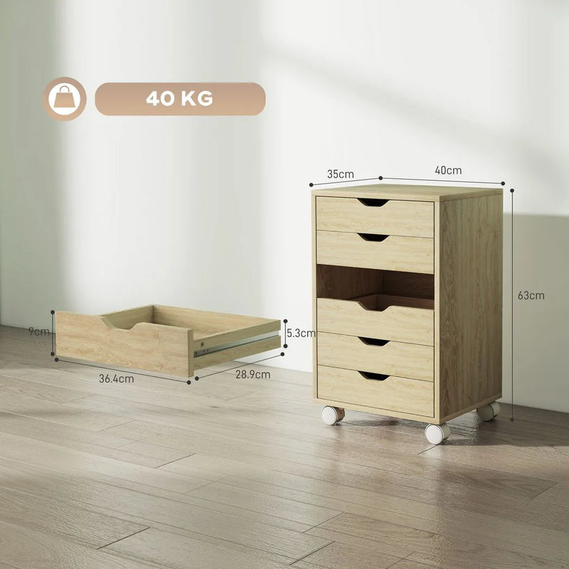 HOMCOM 6 Drawer Vertical File Cabinet, Mobile Filing Cabinet with Quiet Drawers and Wheels with 2 Brakes, Oak Wood Effect