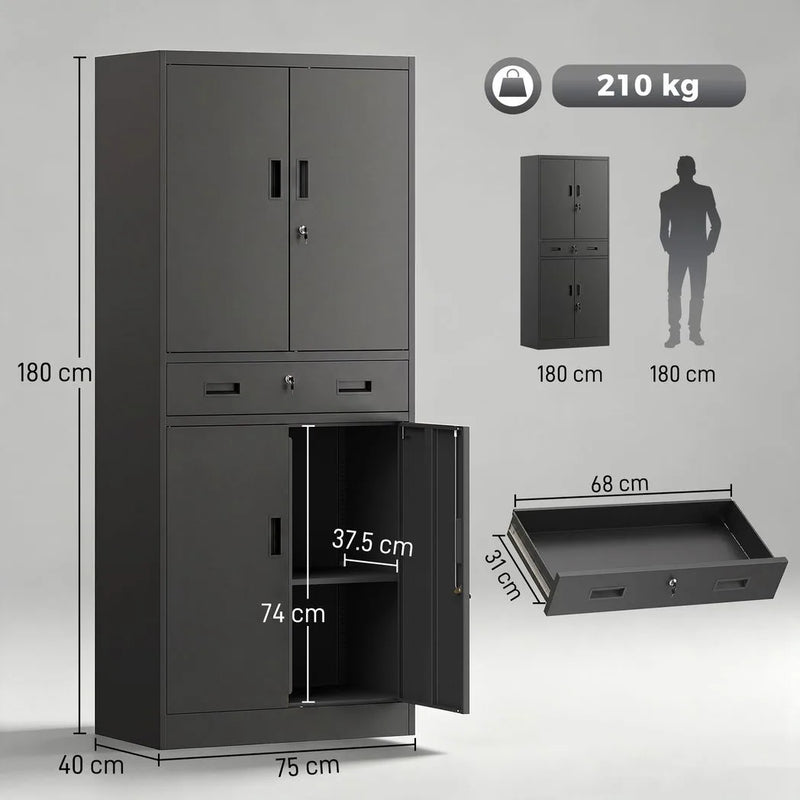 HOMCOM Metal Storage Cabinet, 180cm Tall Tool Cabinet with Locking Doors, Drawer and Adjustable Shelves, Black