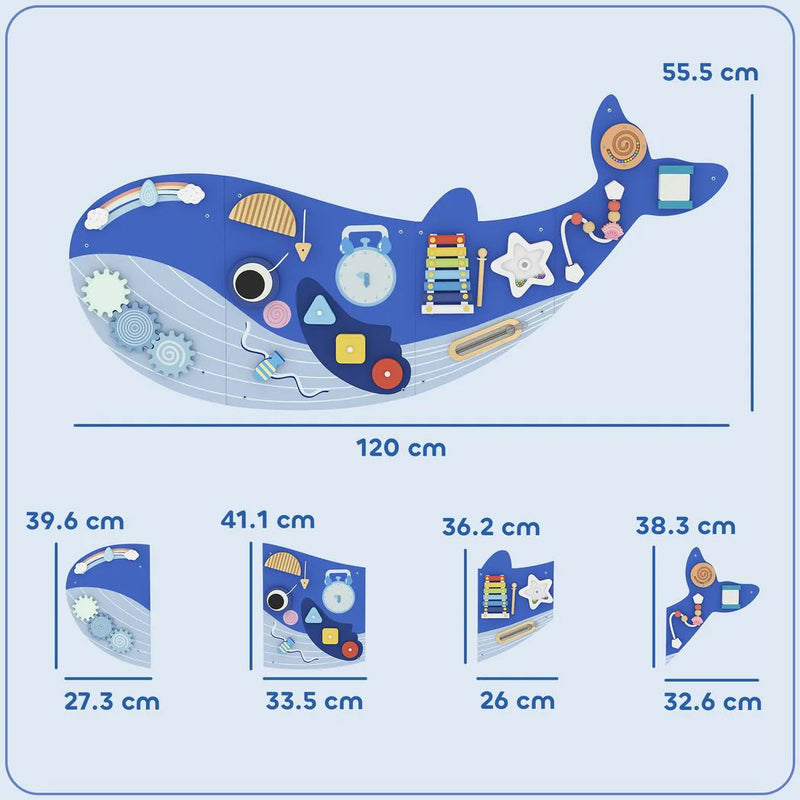 AIYAPLAY Whale Activity Wall Busy Board, 13 in 1 Montessori Inspired Sensory Wall Panel for Playroom Nursery Boys Girls 2, Blue