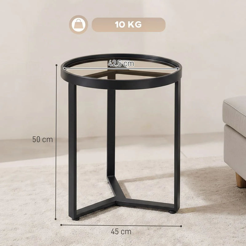 HOMCOM Round Side Table with Tempered Glass Top and Geometric Metal Frame for Small Space, Black